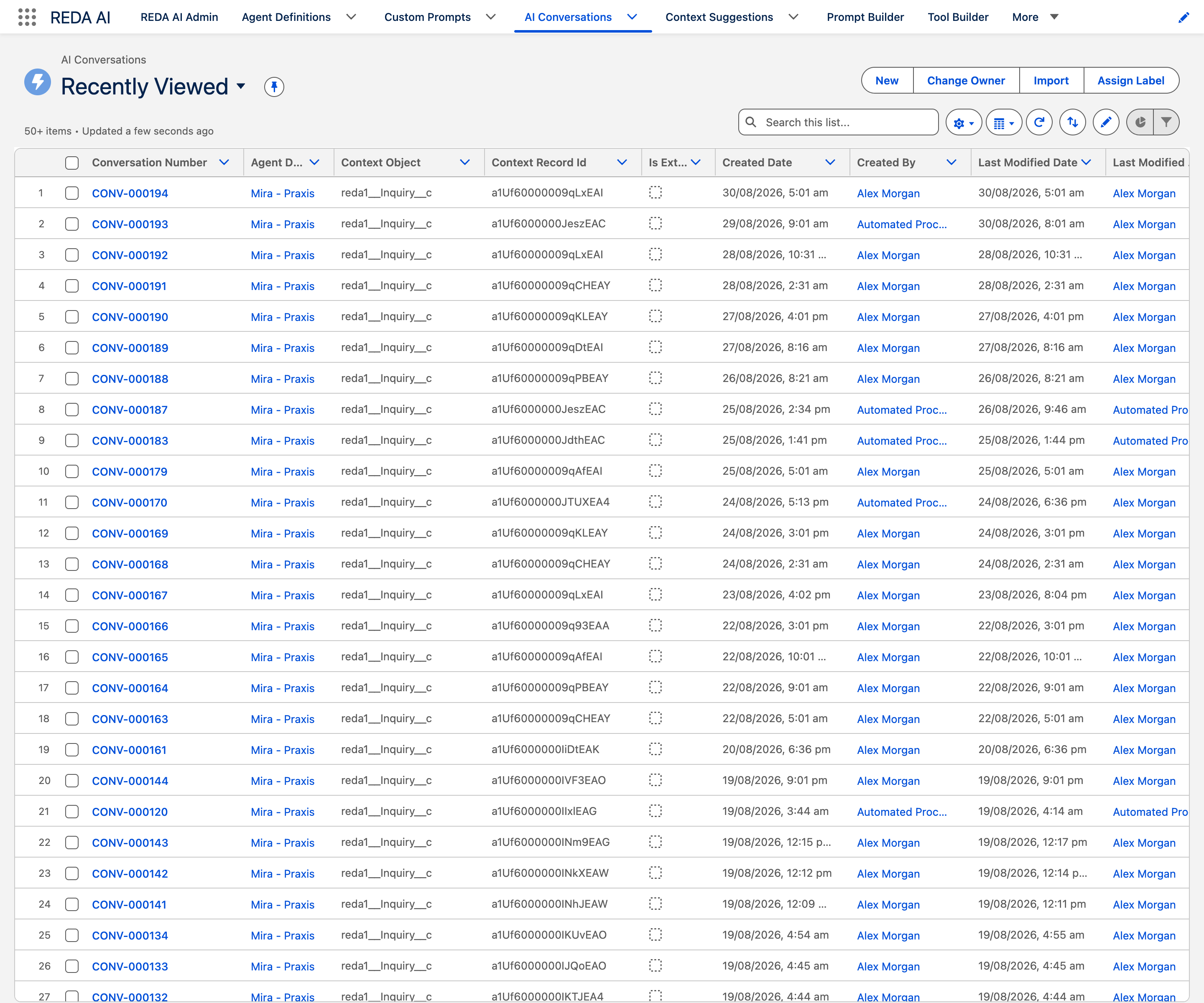 The AI Conversations list view in Salesforce, showing the Recently Viewed list with 50+ items. Columns are Conversation Number, Agent Definition, Context Object, Context Record Id, Is External, Created Date, Created By, Last Modified Date and Last Modified By. Each row links to a conversation such as CONV-000194 against the agent definition, with the context object reda1__Inquiry__c.