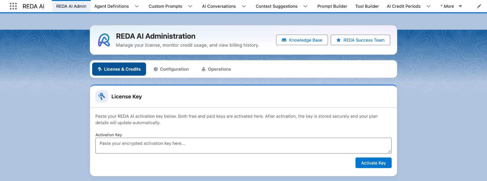 Captura em inglês do aplicativo REDA AI no Salesforce, com a guia REDA AI Admin selecionada na barra de navegação. O cabeçalho REDA AI Administration tem os botões Knowledge Base e REDA Success Team. Abaixo ficam as três abas, License & Credits, Configuration e Operations, com License & Credits aberta, e o cartão License Key com a caixa Activation Key e o botão Activate Key.