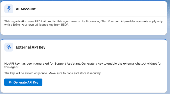 Captura em inglês dos cartões AI Account e External API Key em um registro Agent Definition. AI Account diz: This organisation uses REDA AI credits: this agent runs on its Processing Tier. Your own AI provider accounts apply only with a Bring-your-own-AI licence key from REDA. External API Key informa que nenhuma chave de API foi gerada para o agente, que uma chave habilita o widget de chat externo e é mostrada só uma vez, e tem o botão Generate API Key.