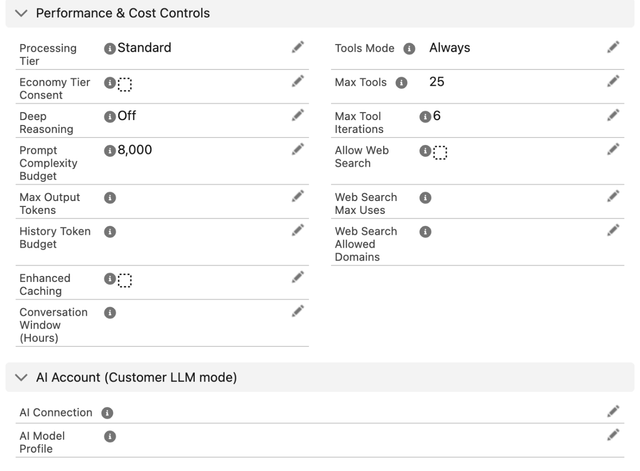 The Performance & Cost Controls and AI Account (Customer LLM mode) sections of an Agent Definition record. Performance & Cost Controls shows Processing Tier Standard, Tools Mode Always, Economy Tier Consent unchecked, Max Tools 25, Deep Reasoning Off, Max Tool Iterations 6, Prompt Complexity Budget 8,000, Allow Web Search unchecked, and empty Max Output Tokens, Web Search Max Uses, History Token Budget, Web Search Allowed Domains, Enhanced Caching and Conversation Window (Hours). AI Account (Customer LLM mode) shows the AI Connection and AI Model Profile fields, both empty.