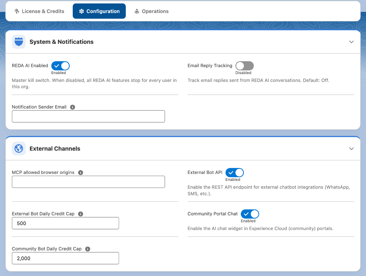 The Configuration tab of REDA AI Administration. System & Notifications holds the REDA AI Enabled master switch (Enabled), Email Reply Tracking (Disabled) and an empty Notification Sender Email box. External Channels holds an empty MCP allowed browser origins box, the External Bot API switch (Enabled) with an External Bot Daily Credit Cap of 500, and the Community Portal Chat switch (Enabled) with a Community Bot Daily Credit Cap of 2,000.