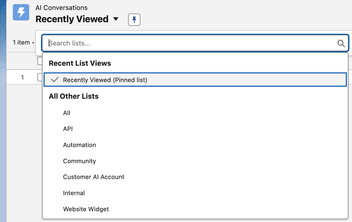 The list view picker on the AI Conversations tab, opened from Recently Viewed. Under All Other Lists it shows All, API, Automation, Community, Customer AI Account, Internal and Website Widget.