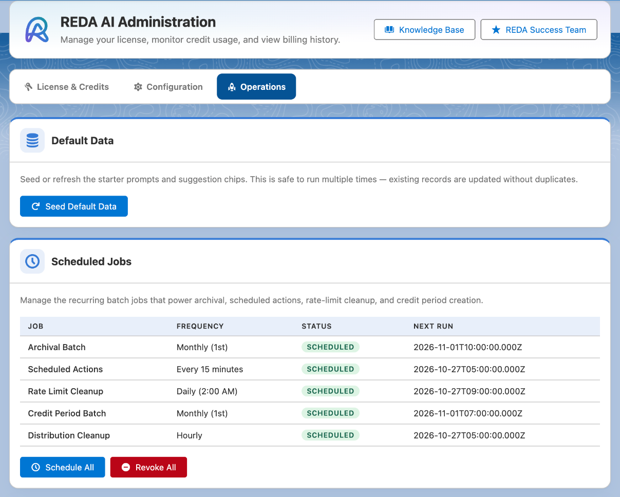 Captura em inglês da aba Operations de REDA AI Administration. O cartão Default Data informa que carrega ou atualiza os prompts iniciais e as sugestões e que pode ser executado várias vezes, com o botão Seed Default Data. O cartão Scheduled Jobs lista Archival Batch (Monthly, 1st), Scheduled Actions (Every 15 minutes), Rate Limit Cleanup (Daily, 2:00 AM), Credit Period Batch (Monthly, 1st) e Distribution Cleanup (Hourly), cada uma com o status SCHEDULED e a próxima execução, acima dos botões Schedule All e Revoke All.