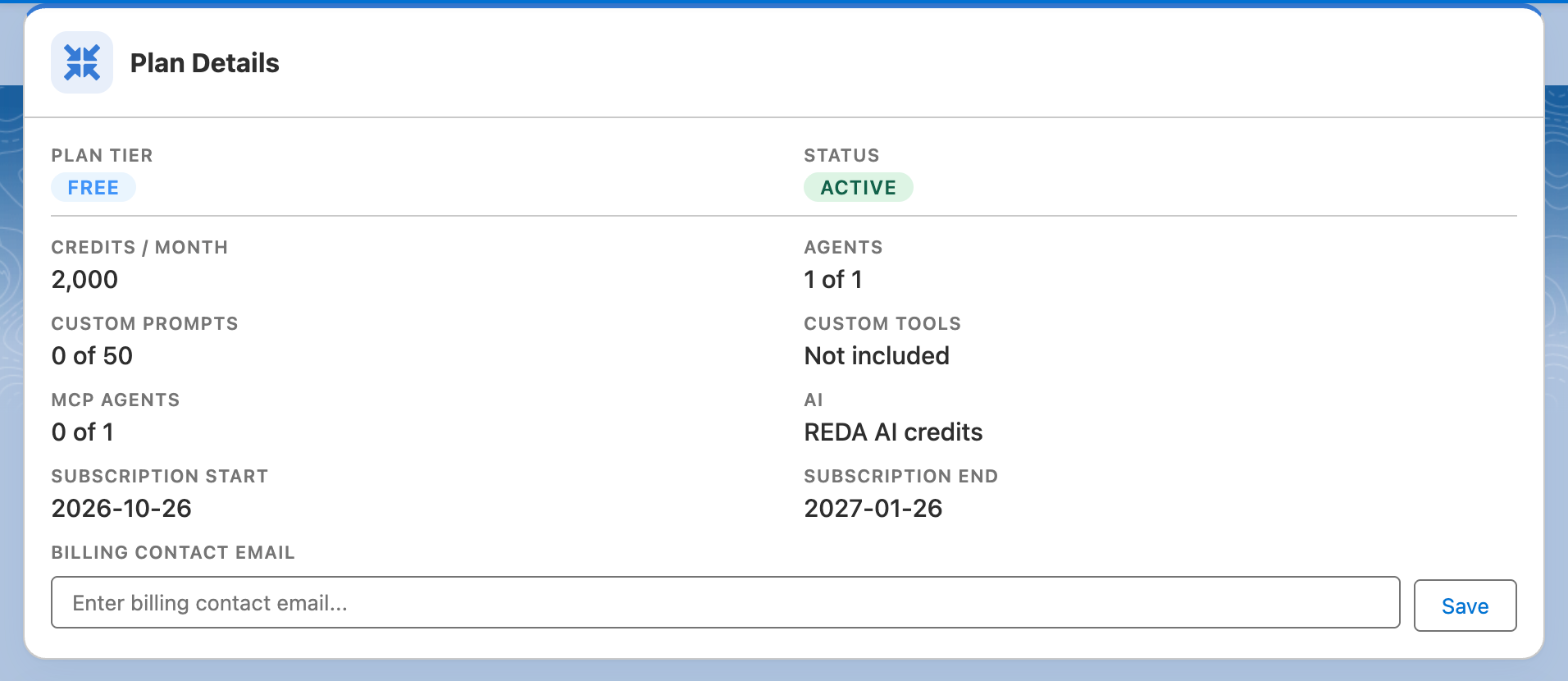 Captura em inglês do cartão Plan Details na aba License & Credits após a ativação do nível gratuito: Plan Tier FREE, Status ACTIVE, Credits / Month 2,000, Agents 1 of 1, Custom Prompts 0 of 50, Custom Tools Not included, MCP Agents 0 of 1, AI REDA AI credits, Subscription Start 2026-10-26, Subscription End 2027-01-26 e uma caixa Billing Contact Email vazia com o botão Save.