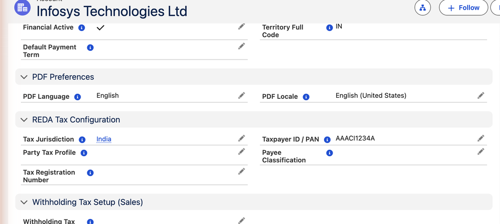 Un enregistrement Compte dans REDA Financials AI pour le fournisseur Infosys Technologies Ltd. Les champs financiers de REDA apparaissent dans des sections intitulées : Financièrement actif et Condition de paiement par défaut ; Préférences PDF (Langue du PDF : anglais, Paramètres régionaux du PDF : anglais (États-Unis)) ; Configuration fiscale REDA (Juridiction fiscale : Inde, ID du contribuable / PAN : AAACI1234A, Profil fiscal de partie, Classification du bénéficiaire, Numéro d’immatriculation fiscale) ; et le début de Configuration de retenue (ventes).
