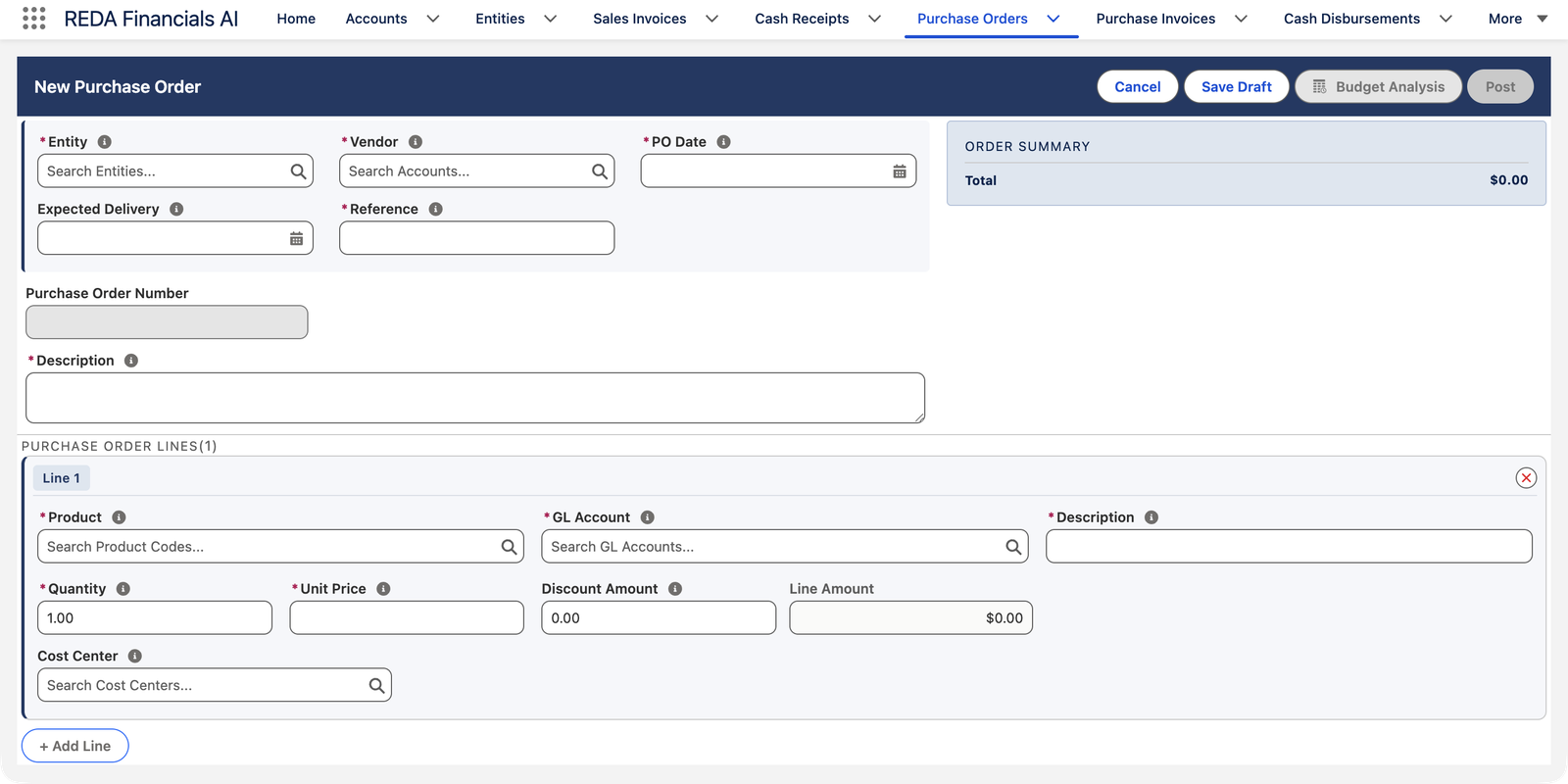Le formulaire Nouveau bon de commande dans REDA Financials AI, vide. Boutons de l’en-tête : Annuler, Enregistrer le brouillon, Analyse budgétaire (grisé) et Comptabiliser (grisé). Champs obligatoires : Entité, Fournisseur, Date de commande, Référence et Description ; Livraison prévue est facultatif ; le Numéro de bon de commande est grisé, car il est attribué automatiquement. La section LIGNES DE BON DE COMMANDE présente une ligne avec Produit, Compte général, Description, Quantité, Prix unitaire, Montant de remise, Montant de ligne et Centre de coûts, ainsi qu’un bouton Ajouter une ligne. Un panneau RÉCAPITULATIF DE LA COMMANDE, à droite, affiche un total de 0,00 $.