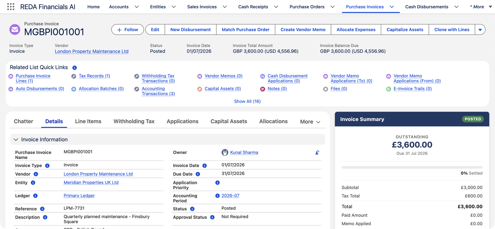 Une facture d’achat comptabilisée, MGBPI001001, dans REDA Financials AI, émise par le fournisseur London Property Maintenance Ltd pour l’entité Meridian Properties UK Ltd. L’en-tête affiche le Montant total de la facture 3 600,00 GBP avec un équivalent en USD, et le Solde dû de la facture 3 600,00 GBP. Le panneau Récapitulatif de la facture, à droite, affiche Sous-total 3 £ 000,00, Total des taxes 600 £,00 et Total 3 £ 600,00. Les liens rapides des listes associées comprennent Enregistrements de taxe (1) et Transactions comptables (3).