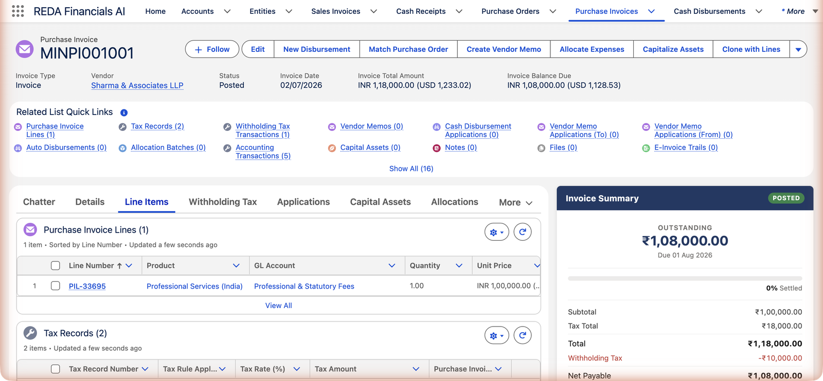 L’onglet Lignes d’articles de la facture d’achat MINPI001001 dans REDA Financials AI. La liste Lignes de facture d’achat affiche une ligne : produit Professional Services (India), compte général Professional & Statutory Fees, quantité 1,00, prix unitaire INR 1,00,000.00. En dessous, une liste d’enregistrements de taxe est intitulée Enregistrements de taxe (2). Le Récapitulatif de la facture, à droite, affiche Sous-total ₹1,00,000.00, Total des taxes ₹18 000,00 et Total ₹1,18,000.00.