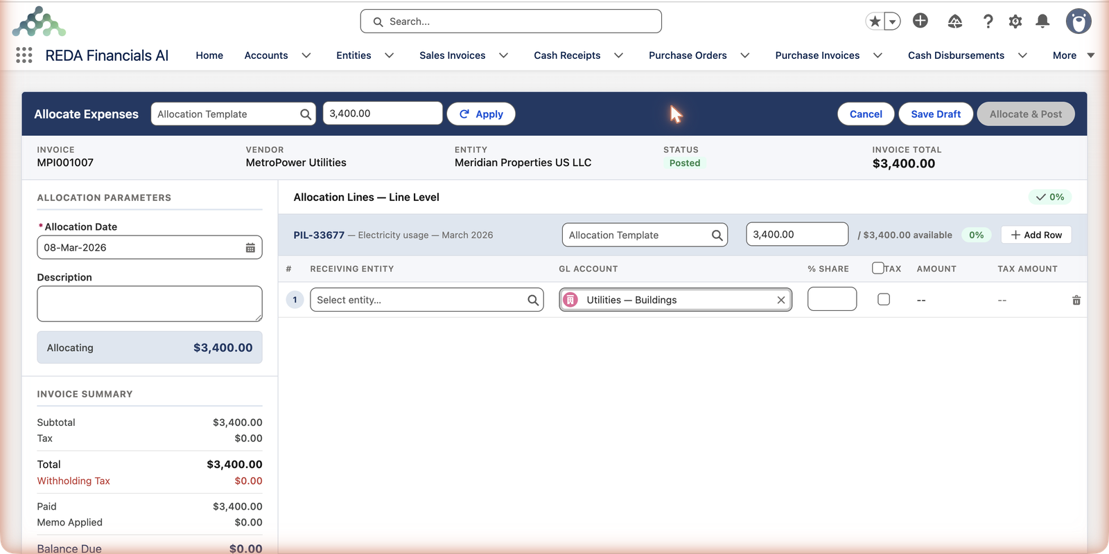 L’écran Ventiler les charges de REDA Financials AI pour la facture comptabilisée MPI001007 (MetroPower Utilities, Meridian Properties US LLC, 3 400,00 $). L’en-tête comporte un sélecteur Modèle de ventilation, une zone de montant avec Appliquer, ainsi que les boutons Annuler, Enregistrer le brouillon et Ventiler et comptabiliser. Le panneau de gauche affiche PARAMÈTRES DE VENTILATION (Date de répartition, Description, Ventilation en cours 3 400,00 $) et un RÉCAPITULATIF DE LA FACTURE. Le panneau principal, intitulé « Lignes de répartition — Niveau ligne », regroupe les lignes par ligne de facture (PIL-33677 — Electricity usage — March 2026) avec « / 3 400,00 $ disponible », un badge de progression à 0 % et un bouton Ajouter une ligne ; la grille comporte les colonnes #, ENTITÉ RÉCEPTRICE, COMPTE GÉNÉRAL (prérempli avec Utilities — Buildings), % DE PART, case à cocher TAXE, MONTANT et MONTANT DES TAXES.