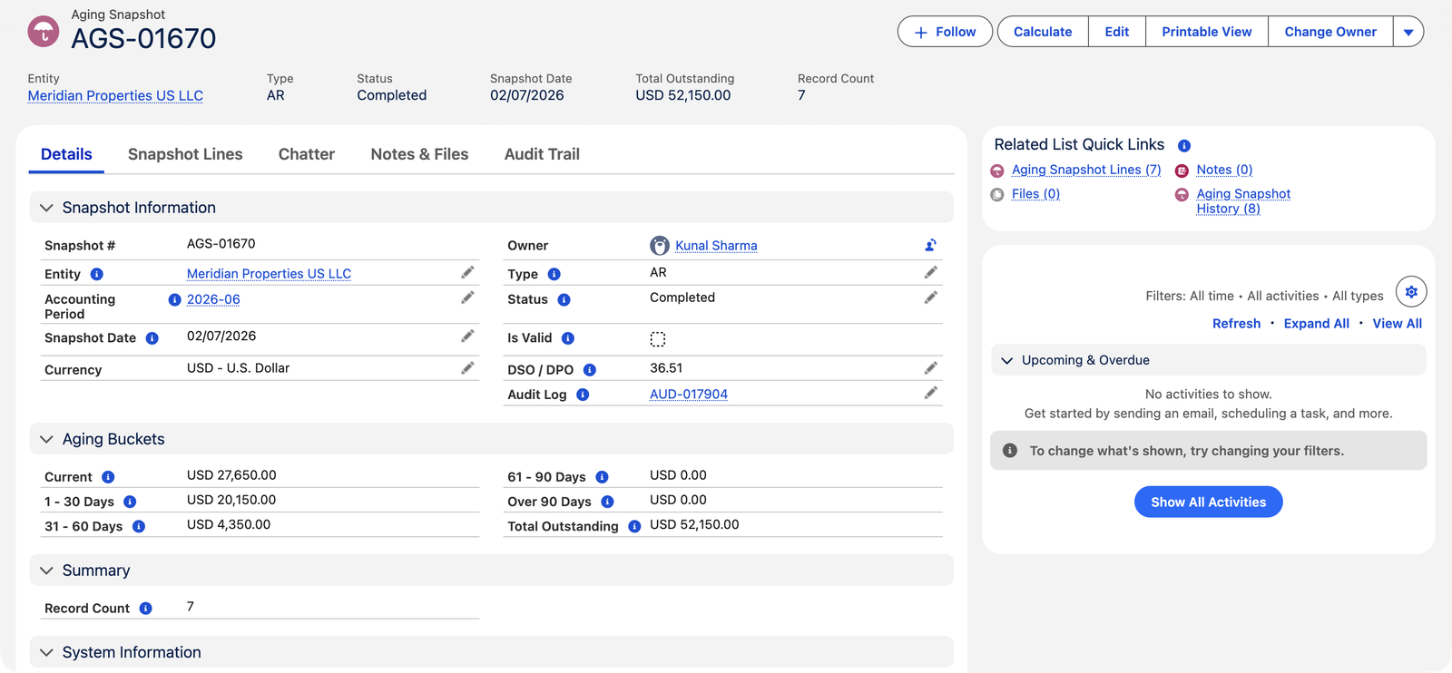 Un instantané de balance âgée clients AGS-01670 terminé dans REDA Financials AI pour Meridian Properties US LLC : Statut Terminé, Date de l’instantané 02/07/2026, Total en attente 52 150,00 USD, Nombre d’enregistrements 7, DSO 36,51, Journal d’audit AUD-017904. La section Tranches d’ancienneté affiche Courant 27 650,00 USD, 1 - 30 jours 20 150,00 USD, 31 - 60 jours 4 350,00 USD, 61 - 90 jours 0,00 USD et Plus de 90 jours 0,00 USD. Les liens associés comprennent Lignes d’instantané (7).