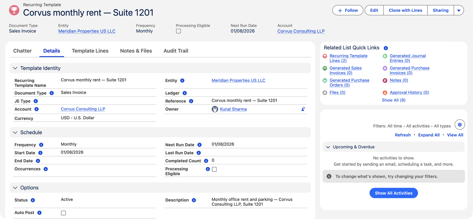 Un enregistrement de modèle récurrent dans REDA Financials AI nommé Loyer mensuel Corvus — Suite 1201 : Type de document Facture de vente, Entité Meridian Properties US LLC, Compte Corvus Consulting LLP, Fréquence Mensuelle, Date de prochaine exécution 01/08/2026, Statut Actif, Comptabilisation auto décochée. La section de planification affiche Date de début 01/08/2026, Date de fin et Occurrences vides, Nombre de générés 0. Les liens rapides des listes associées incluent les lignes de modèle récurrent (2) et les factures de vente générées (0).