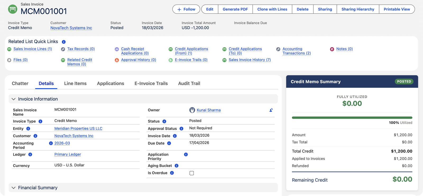 Un avoir comptabilisé MCM001001 dans REDA Financials AI pour le client NovaTech Systems Inc, Montant total de la facture USD −1 200,00. Le panneau Récapitulatif de l’avoir affiche l’état ENTIÈREMENT UTILISÉ 0,00 $ avec une barre 100 % Utilisé, Montant 1 200,00 $, Crédit total 1 200,00 $, Imputé aux factures 1 200,00 $, Remboursé 0,00 $ et Crédit restant 0,00 $. Les liens rapides des listes associées comprennent Imputations d’avoir (origine) (1) et Avoirs associés.
