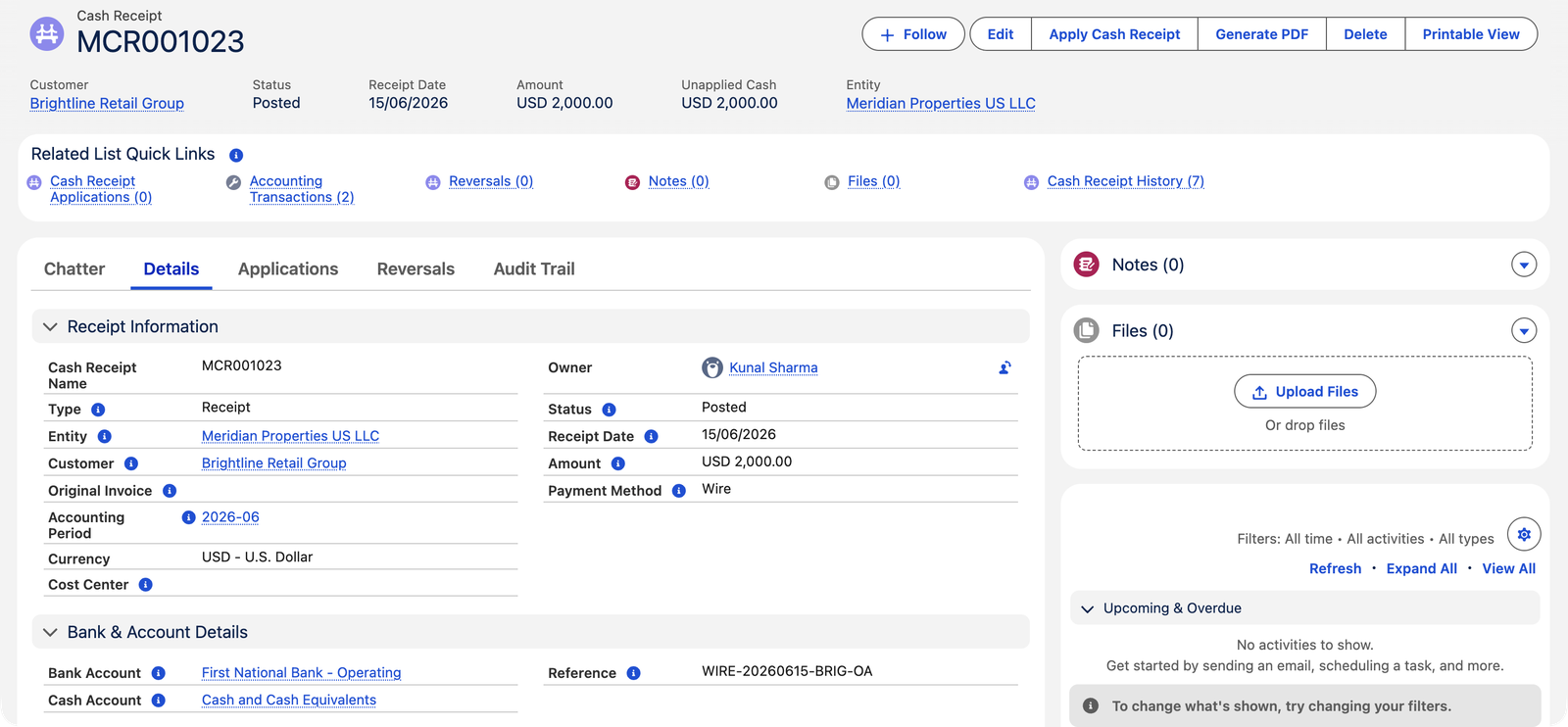 L’encaissement comptabilisé MCR001023 dans REDA Financials AI, du client Brightline Retail Group pour Meridian Properties US LLC. L’en-tête affiche Statut Comptabilisé, Date d’encaissement 15/06/2026, Montant 2 000,00 USD et Trésorerie non imputée 2 000,00 USD. L’onglet Détails affiche Type Encaissement, Mode de paiement Virement bancaire, Compte bancaire First National Bank - Operating, Compte de trésorerie Trésorerie et équivalents de trésorerie, et Référence WIRE-20260615-BRIG-OA. Les boutons comprennent Imputer un encaissement et Générer le PDF, et les onglets Imputations, Extournes et Piste d’audit.