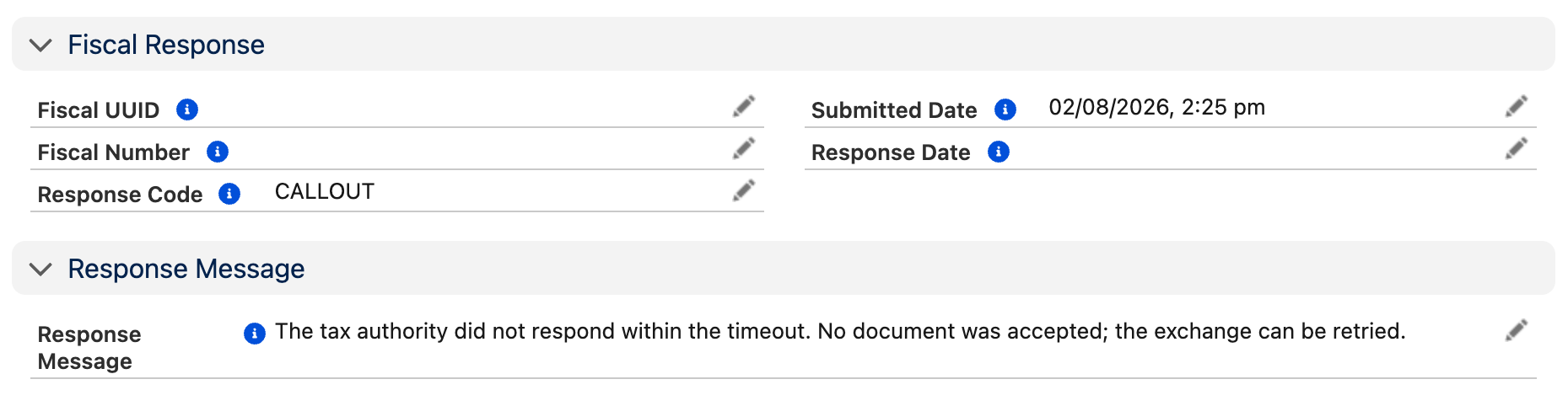 Les sections Réponse fiscale et Message de réponse d’un historique de facturation électronique au statut Erreur : UUID fiscal et Numéro fiscal vides, Code de réponse CALLOUT, une Date de soumission mais pas de Date de réponse, et le message « L’administration fiscale n’a pas répondu dans le délai imparti. Aucun document n’a été accepté ; l’échange peut être réessayé. »