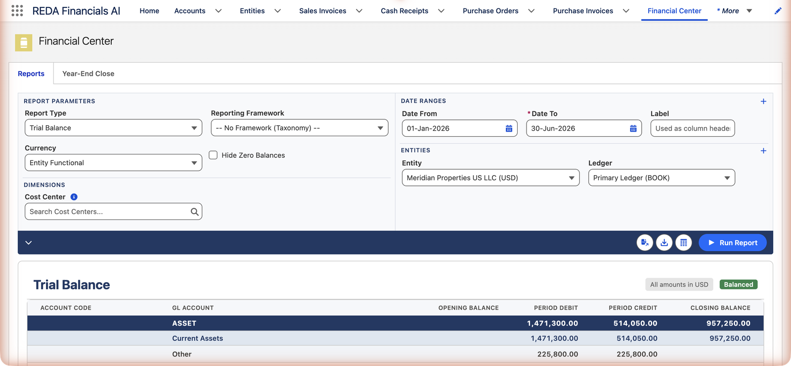 Le Centre financier de REDA Financials AI avec le Type de rapport Balance générale, les dates du 1er janvier 2026 au 30 juin 2026, l’Entité Meridian Properties US LLC avec le grand livre Primary Ledger, et une balance générale affichée avec un badge Tous les montants en USD et un badge vert Équilibré, les colonnes Code de compte, Compte général, Solde d’ouverture, Débit de la période, Crédit de la période et Solde de clôture étant regroupées sous ACTIF et Actifs courants.