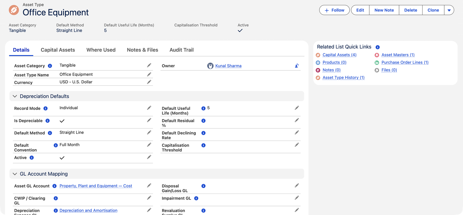 Un enregistrement de type d’actif Office Equipment dans REDA Financials AI : Catégorie d’actif Corporel, Méthode par défaut Linéaire, Mode d’enregistrement Personne physique, case Amortissable cochée, Durée d’utilité par défaut en mois, Convention par défaut Mois complet. Une section Mappage des comptes généraux affiche le Compte général d’actif Immobilisations corporelles — Coût, le CG de dotation aux amortissements Dotations aux amortissements, ainsi que les champs CG de gain/perte de cession, CG de dépréciation et CG d’écart de réévaluation.