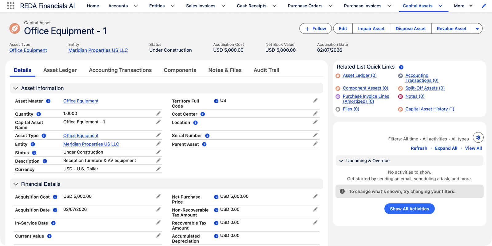 L’écran Réceptionner les marchandises d’un bon de commande de Meridian dans REDA Financials AI, avec les quantités réceptionnées par ligne et un avis indiquant que des immobilisations seront créées avec le statut En construction pour la ligne marquée Créer une immobilisation.