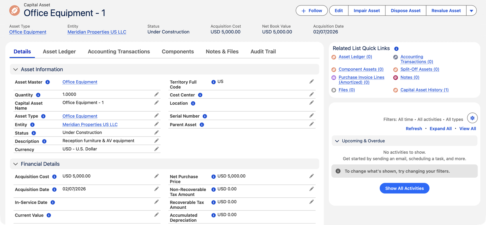 Un enregistrement d’immobilisation dans REDA Financials AI nommé Office Equipment - 1, au statut En construction, rattaché à l’entité Meridian Properties US LLC, avec un coût d’acquisition et une valeur nette comptable de 5 000,00 USD chacun, une date d’acquisition au 02/07/2026, une Date de mise en service vide, des amortissements cumulés de 0,00 USD, et des listes associées Registre d’immobilisations et Transactions comptables vides.