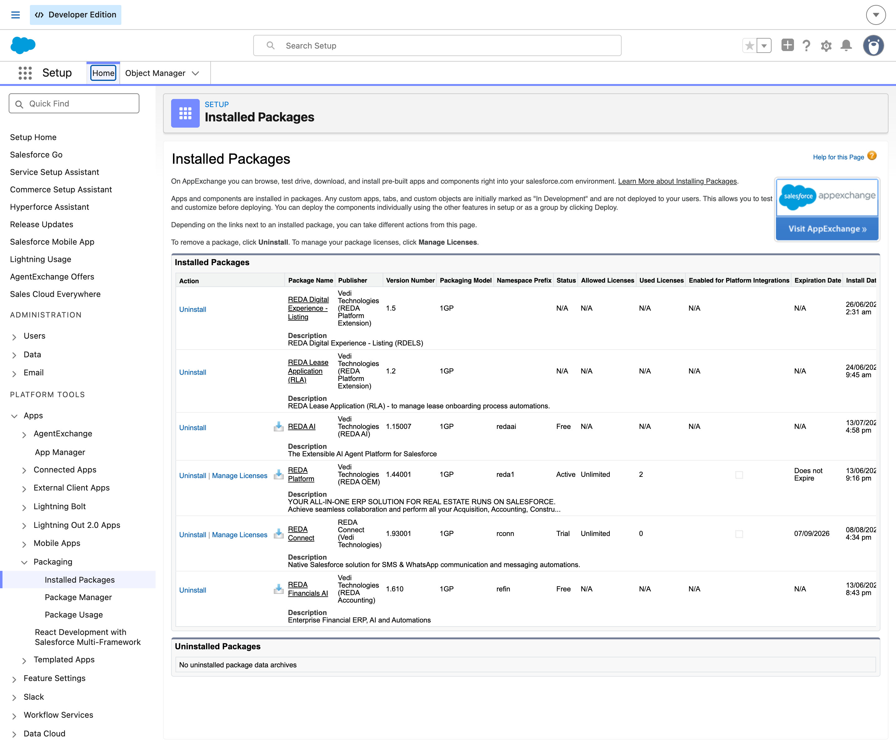 Configuration Salesforce, Packages installés, listant REDA Financials AI version 1.610 avec le préfixe d’espace de noms refin aux côtés des autres packages REDA installés, chaque ligne affichant l’éditeur, le numéro de version, le modèle de packaging, le préfixe d’espace de noms, le statut et la date d’installation.