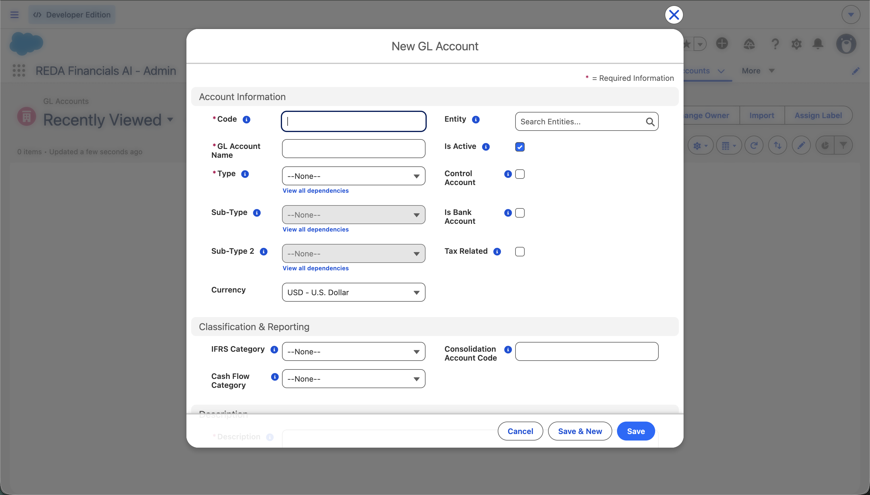 Le formulaire Nouveau compte général dans l’application REDA Financials AI - Admin, avec une section Informations du compte (Code, Nom du compte, Type, Sous-type, Sous-type 2, Devise, Entité, Actif, Compte collectif, Compte bancaire, Compte de taxes) et une section Classification et reporting (Catégorie IFRS, Catégorie de flux de trésorerie, Code de compte de consolidation), avec les boutons Annuler, Enregistrer et Nouveau, et Enregistrer.