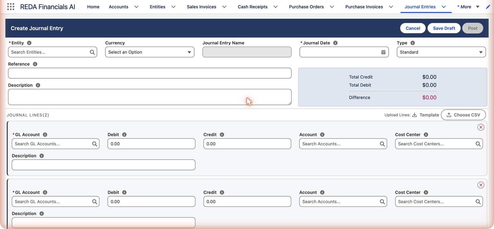 Le formulaire Créer une écriture comptable dans REDA Financials AI : champs d’en-tête Entité, Devise, Nom de l’écriture comptable (grisé, attribué automatiquement), Date d’écriture, Type (Standard), puis Référence et Description en dessous. Un panneau récapitulatif bleu affiche Crédit total 0,00 $, Débit total 0,00 $ et Différence 0,00 $ en rouge. La section Lignes d’écriture montre deux lignes vides avec les champs Compte général, Débit, Crédit, Compte, Centre de coûts et Description, ainsi que les options Charger les lignes avec les boutons Modèle et Choisir un CSV. Les boutons d’en-tête sont Annuler, Enregistrer le brouillon et un bouton Comptabiliser grisé.