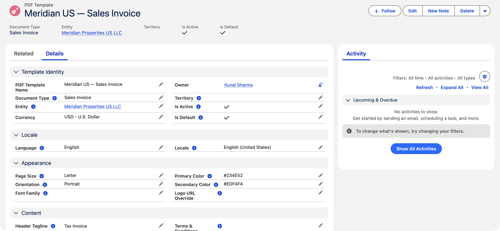Un enregistrement de modèle de PDF dans REDA Financials AI nommé Meridian US — Facture de vente : Type de document Facture de vente, Entité Meridian Properties US LLC, Actif et Par défaut cochés. Les sections affichent Paramètres régionaux (Langue Anglais, Paramètres régionaux Anglais (États-Unis)), Apparence (Format de page Lettre, Orientation Portrait, Couleur principale #234E52, Couleur secondaire #EDF4F4, Remplacement d’URL du logo) et Contenu (Sous-titre d’en-tête Tax Invoice, Conditions générales).