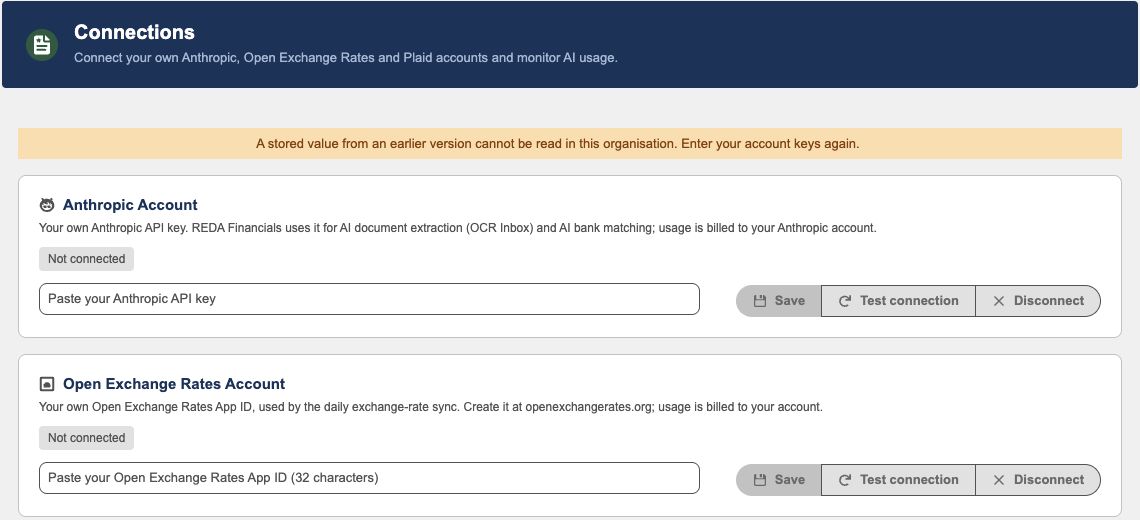 Connections after an upgrade: the Anthropic and Open Exchange Rates cards show Not connected. This example also shows the message for an unreadable older saved value: enter your organisation’s own credentials, save, then test each connection.